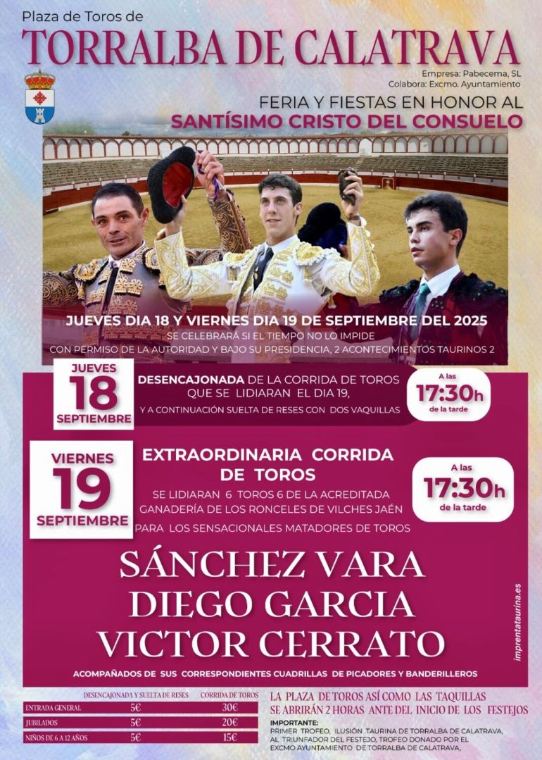 Sánchez Vara, Diego García y Víctor Cerrato lidiarán 6 toros de Los Ronceles en Torralba durante las fiestas patronales