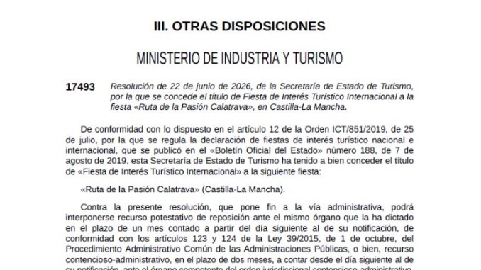 El BOE confirma la declaración internacional de la Ruta de la Pasión Calatrava 770