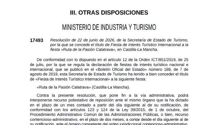 El BOE confirma la declaración internacional de la Ruta de la Pasión Calatrava 770