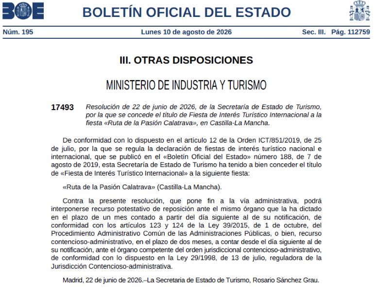 El BOE confirma la declaración internacional de la Ruta de la Pasión Calatrava 770