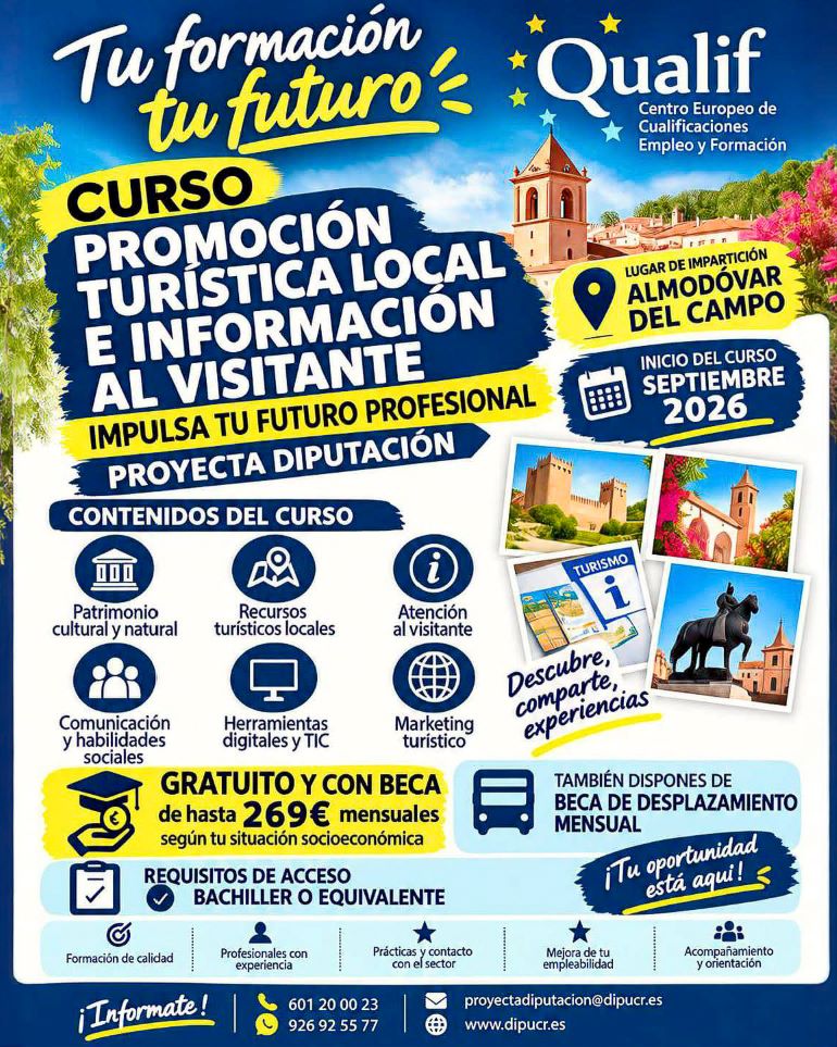¿Quieres trabajar en turismo Ahora Qualif en la localidad de Almodóvar del Campo te abre la puerta a una profesión con formación gratuita, prácticas y ayudas mensuales. 770